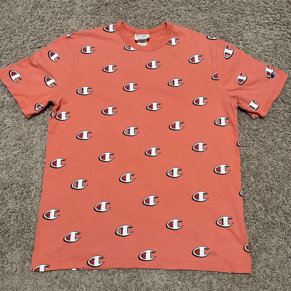 Champion Shirt Mens Large Salmon Pink Heritage Scribble AOP Logo Heavy Tee Y2K